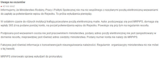 MPiPS zgłosiło do prokuratury próbę wyłudzenia pieniędzy.