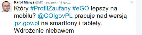 Rzecznik Ministerstwa Cyfryzacji, Karol Manys informuje na Twitterze o planach wdrożenia PZ na urządzenia mobilne.