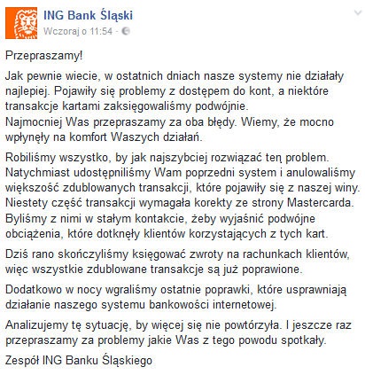 oświadczenie ING awaria Mastercard.