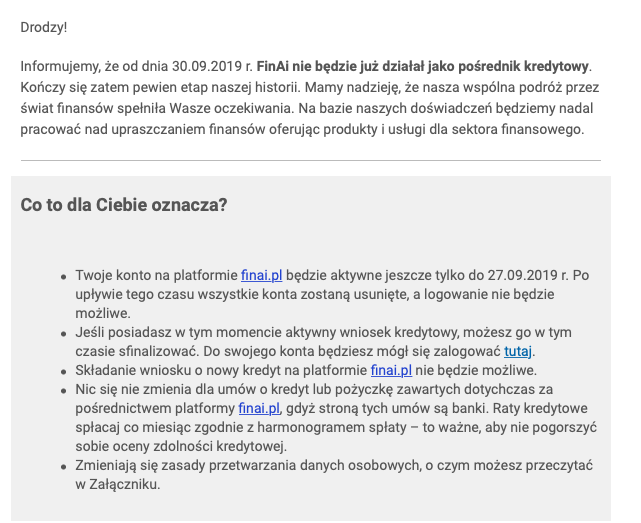 Finai - informacja dla klientów