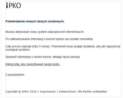 PKO BP ostrzega przed fałszywymi mailami wysyłanymi przez oszustów